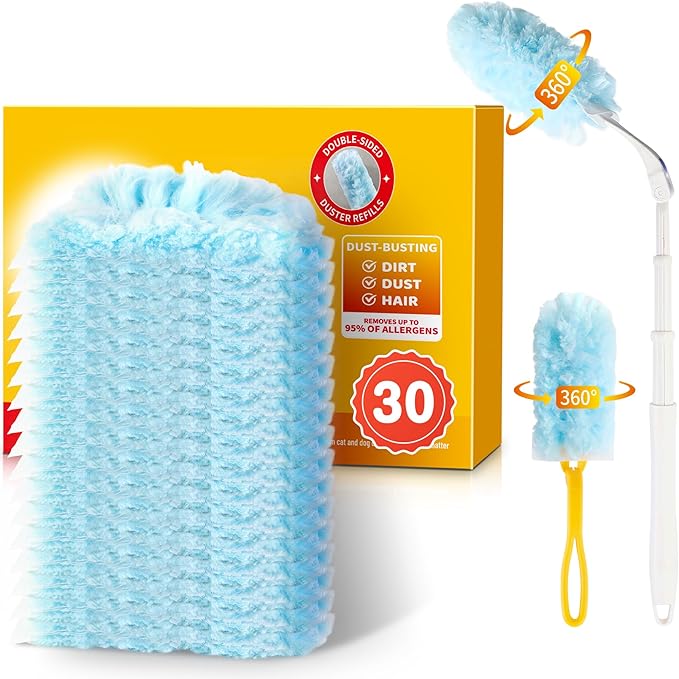30 Count Duster Refills for Swiffer Dusters, Multisurface 360 Dusters with 3ft Extendable Handle and 1 Short Handle, Disposable Duster Kit for Dusting Furniture Blinds Fans Walls