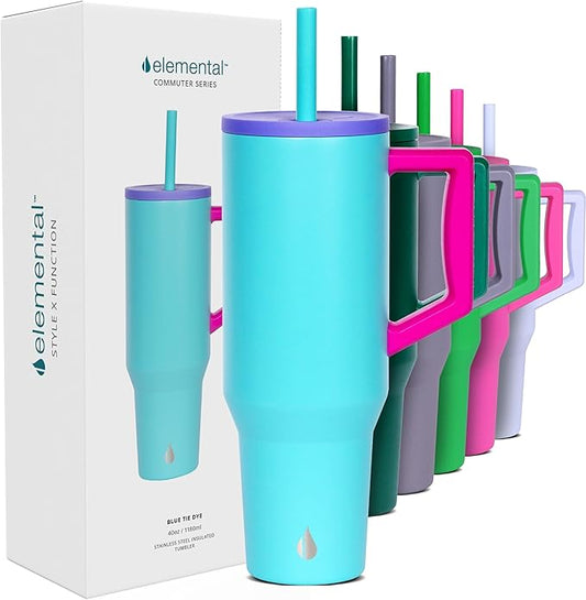 Elemental 40 oz Tumbler with Handle and Straw - Spill Proof Insulated Stainless Steel Commuter for Cold Beverages - Travel Coffee Mug with 2 Straws & Spill Proof Lid - 40oz - Blue Tie Dye