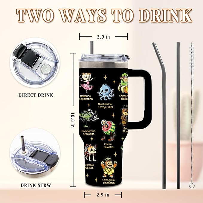 DUUV Funny Cartoon Characters Tumbler 40 Oz with Handle, Cute Animal Design Stainless Steel Insulated Mug with Lid and Straw, Novelty Gifts for Men Women Girls,1 PCS