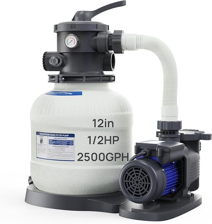 AQUASTRONG Sand Filter Pump for Above Ground Pool, 1/2 HP Pool Pump Above Ground 2500 GPH for Pools up to 9000GAL, 12in Pool Sand Filter with 6-Way Valve, Improved Circulation for Crystal-Clear Pool