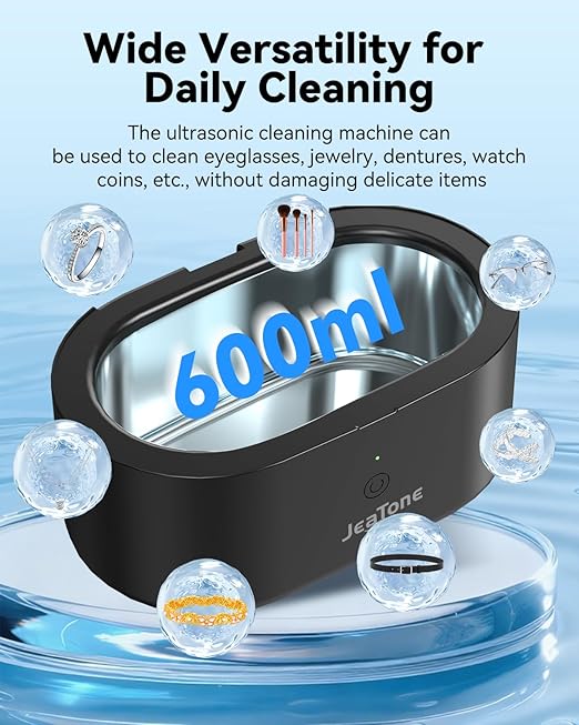 JeaTone Ultrasonic Jewelry Cleaner, 46KHz Professional Ultrasonic Cleaning Machine for Rings, Eyeglasses, Retainers, Dentures & Watches, 20oz Stainless Steel Sonic Cleaner Pod (Black)