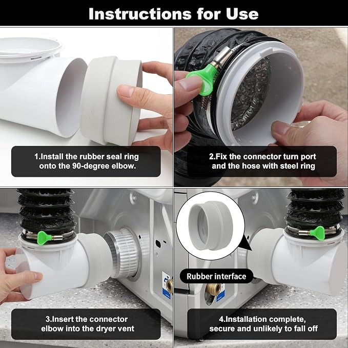 4Inch Dryer Vent Hose 10FT, Rubber Interface Dryer Vent Connector Kit for Tight Space, 90 Degree Dryer Vents Elbow, 6 Layer Heavy Duty Flexible Aluminum Duct with 2 Key Hose Clamps