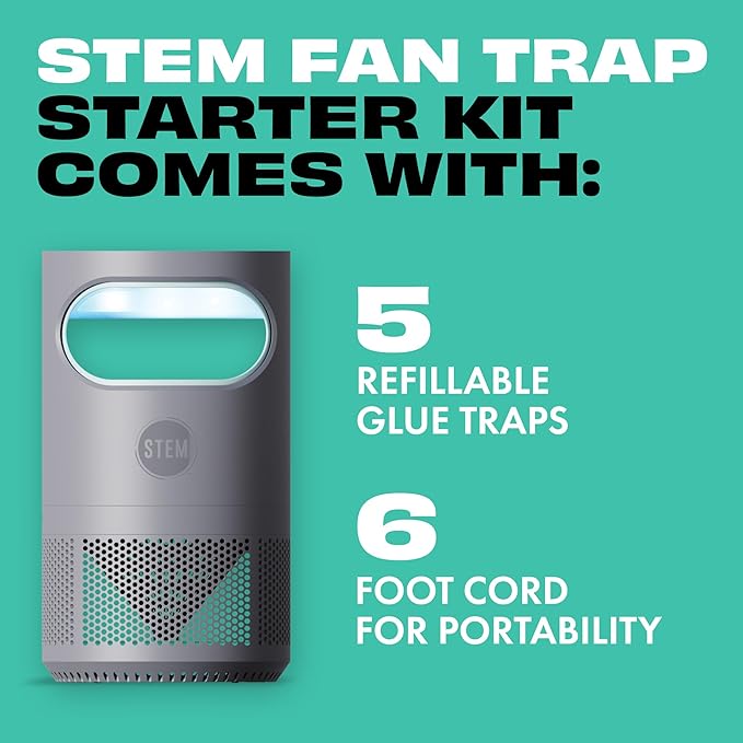 STEM Flying Insect Fan Trap for Indoor Bug Control, Attracts Mosquitoes, Fruit Flies, and House Flies, Plug-in Fan with UV Light, Starter Kit Includes 2 Device and 10 Glue Traps