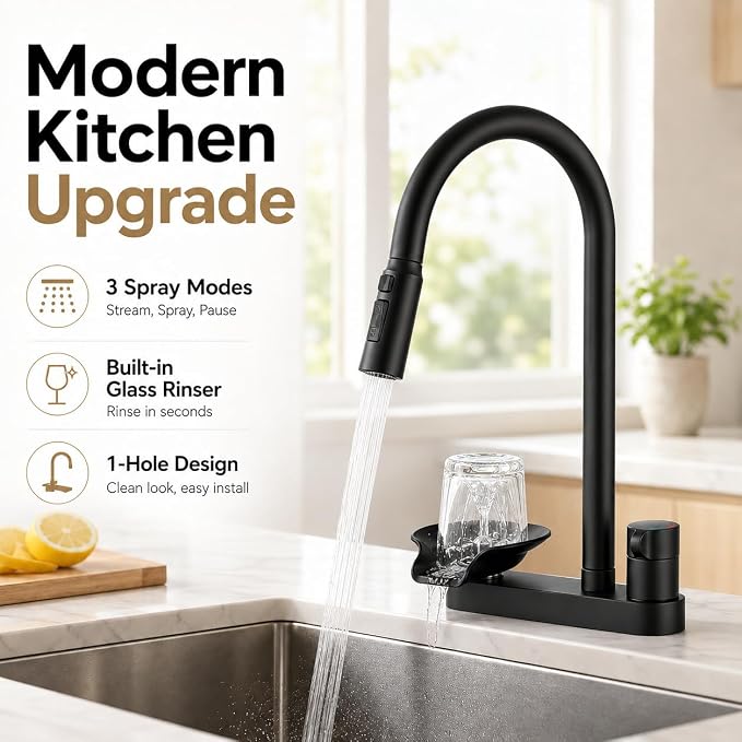 Kitchen Faucet with Pull Down Sprayer & Cup Washer, Glass Rinser Faucet for Kitchen Sink, Lead-Free Brass Waterway, 3 Spray Modes Single Handle, Single Hole for Sink Farmhouse RV Bar Black