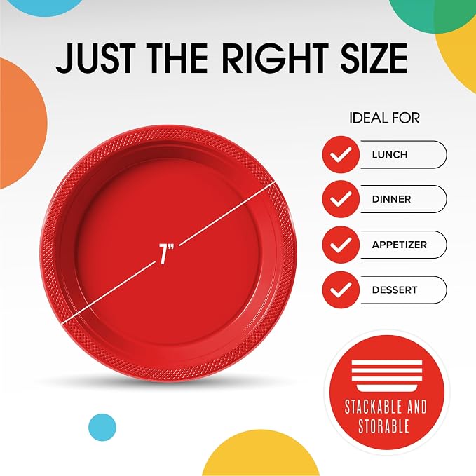 Exquisite Party Solids Red Plastic Plates For Party Supplies 7" Red Disposable Plates Heavy Duty 50 Pcs Plastic Dinnerware Sets Heavy Duty 350 GSM Disposable Dinnerware Set