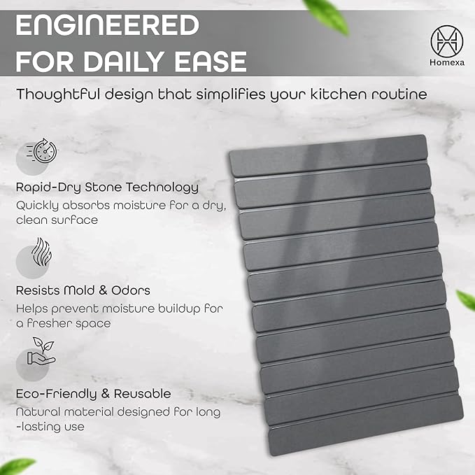 Stone Dish Drying Mat 24" x 16" – Dish Drying Stone – Large Diatomaceous Earth Drying Mat with Non-Slip Base – Quick Dry Kitchen & Bathroom Drying Pad for Dishes, Glassware & Bottles (Solid Dark Grey)
