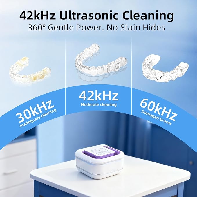 Ultrasonic Retainer Cleaner for Aligners, Mouth Guards & Dentures, 42kHz Compact Ultrasonic Denture Cleaner with Digital Timer, Portable Dental Cleaner for Home & Travel (White)