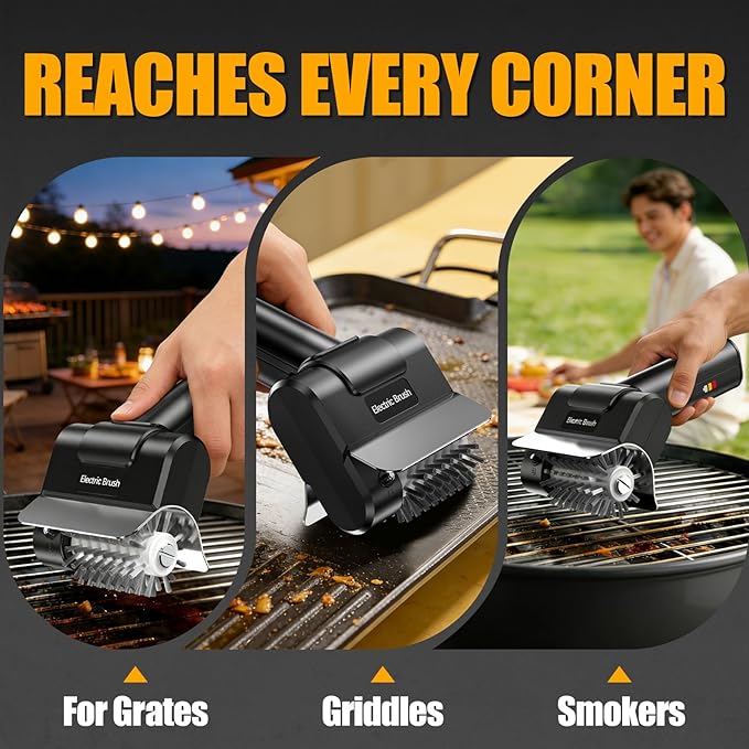 Electric Grill Brush, Heavy-Duty Cordless BBQ Brush with Stainless Steel Bristles, 2000mAh Rechargeable Battery, 1100RPM Motorized Grill Cleaner for Grates, Griddles and Smoker