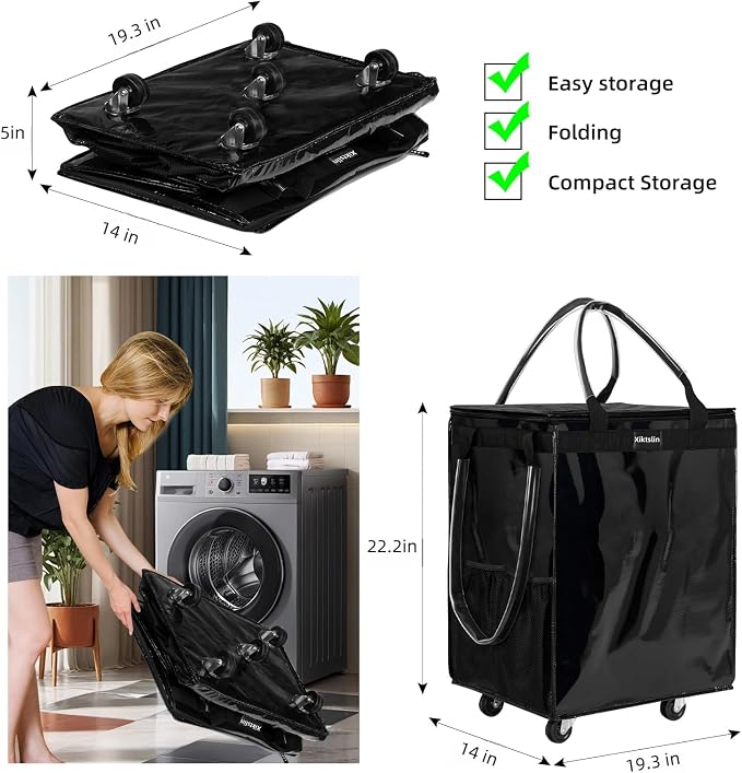 (Large, Black) Reusable Grocery Bag on 5 Wheels, Foldable Rolling Tote Carries Up to 110lb Shopping Trolley, Rolling Bag with 3 Handles, Zipper Clouser Rolling Tote Bag with Wheels for Laundry