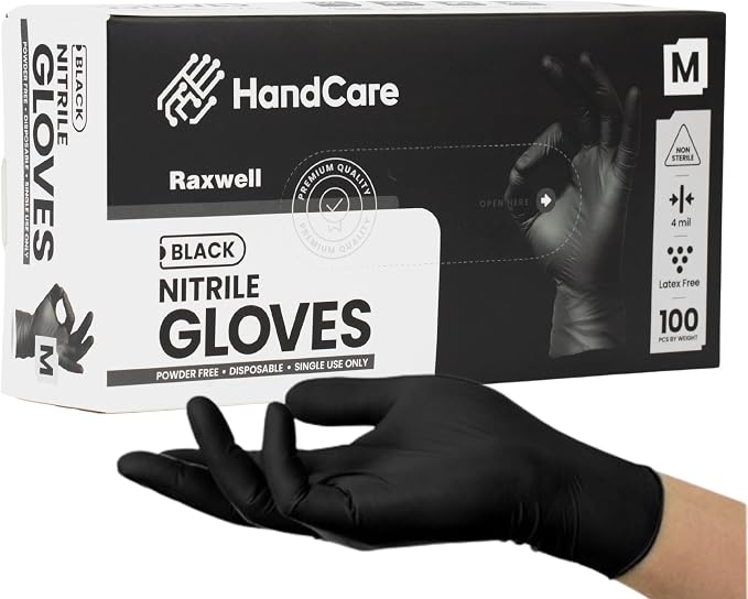 HandCare 4 Mil Black Nitrile Disposable Gloves, Powder-Free & Latex-Free for Tattoo, Food Prep & Cleaning