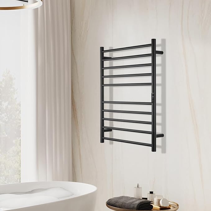Electric Towel Rack with Voice Control for Alexa & Google Home,TUYA-Wall-Mounted Bathroom Heating Towel Warmer,Stainless Steel Material,31.5x20.08x4.41in,Plug-in,Black,10 Bars