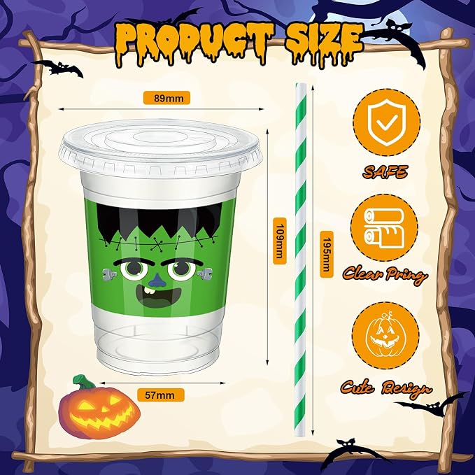 Jingmore 60 Set 12 oz Halloween Plastic Cups Disposable Clear Cups with Lids Paper Straws and Straw Cover for Halloween Party Supply Beer Beverage Snack Coffee Drink Ice Cream