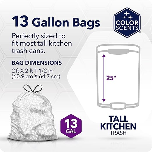 Color Scents Tall Kitchen Trash Bags -13 Gallon, 160 Total Bags (8 Packs of 20 Count), Drawstring - Silver bag in Simply Clean Scent with Microban