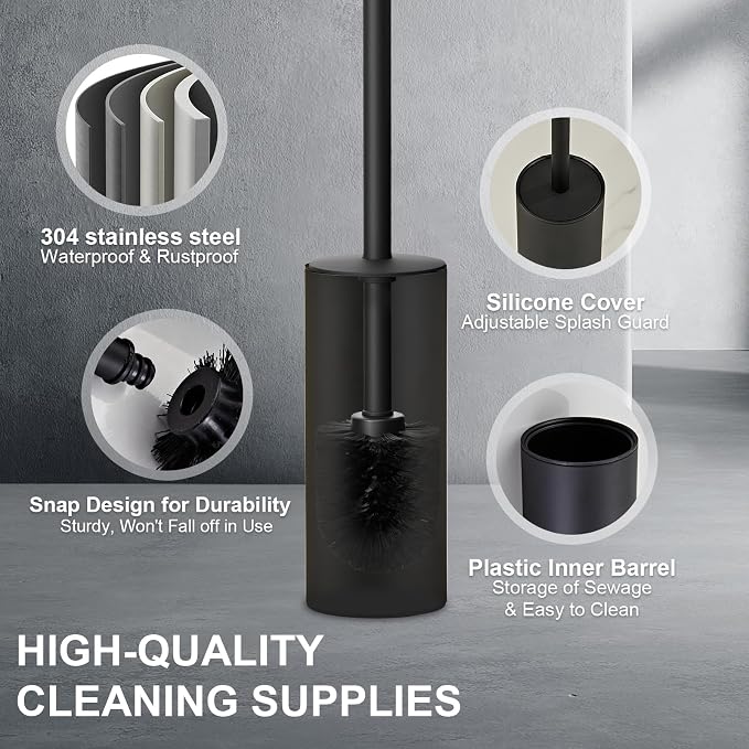 304 Stainless Steel Toilet Bowl Brush and Holder Set, Circular Floor Toilet Brush Holder, Long Handle, Bathroom Heavy-Duty Cleaner, High-End Cylinder Wall, 2 Brush Head (Black) YIGUANXIN