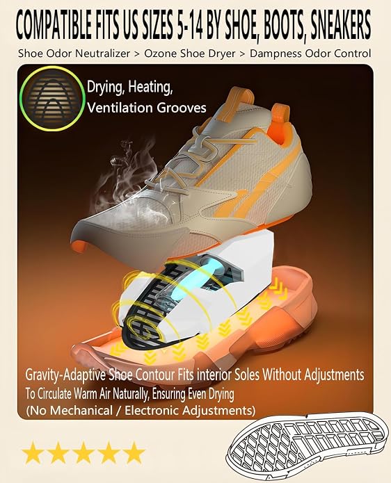 Shoe Dryer and Deodorizer, Boot Warmer & Mute Mode Heating Moisture Remover, Portable Boot Dryer, Fast Drying for Smelly Shoes, Gym Shoes, Athletic Footwear(US Sizes 5-14) Travel Reduce Odors Solution