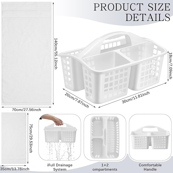 Tigeen 4 Pcs Portable Shower Caddy Basket with Compartments and 1 Cotton Bath Towels & 2 Hand Towels Plastic Divided Cleaning Caddy Organizer Storage Tote Kit for Bathroom College Dorm Room(White)