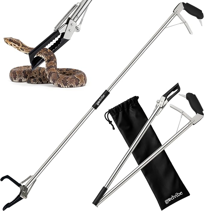 goodvibe - 47" Stainless Steel Snake Tong Reptile Grabber Wide Jaw Handling Tool with Anti-slips and Locked Snake grabber tool heavy duty for Rattlesnakes Copperhead or Cottonmouth Include Storage Bag