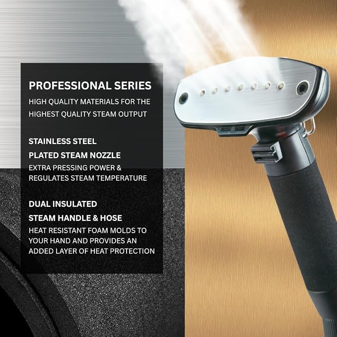SALAV® Professional Standing Garment Steamer with Retractable Power Cord, Foot Pedal Control, Wheels for Easier Movement (Gold)