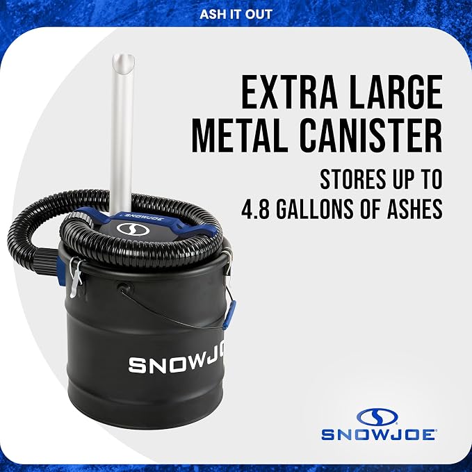 Snow Joe Bagless Ash Vacuum Cleaner Machine, Metal Canister with Hose and Filter, 4.8 Gallon, 5-Amp Motor - Vacuuming and Cleaning Equipment for Home, Garage and Outdoor Spaces, ASHJ202E