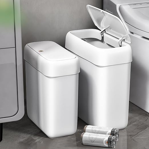 funest 2 Pack Bathroom Trash Can with Pop-Up Lid,3 Gallon & 2.7 Gallon Small Spaces Plastic Garbage Can,Slim Wastebasket for Bathroom, RV, Office, White