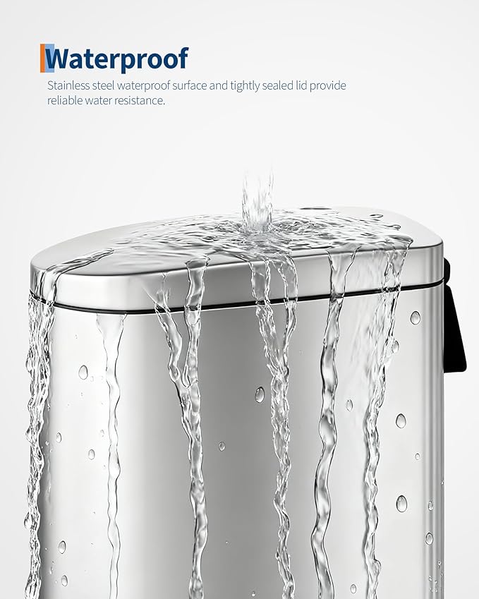 Bathroom Trash Can with Lid,2.6 Gallon / 10L Small Garbage Can, Slim Step-on Metal Trash Bin with Inner Bucket, Rear Handle, Soft Close Lid,Stainless Steel Wastebasket for Bathroom, Bedroom, Office