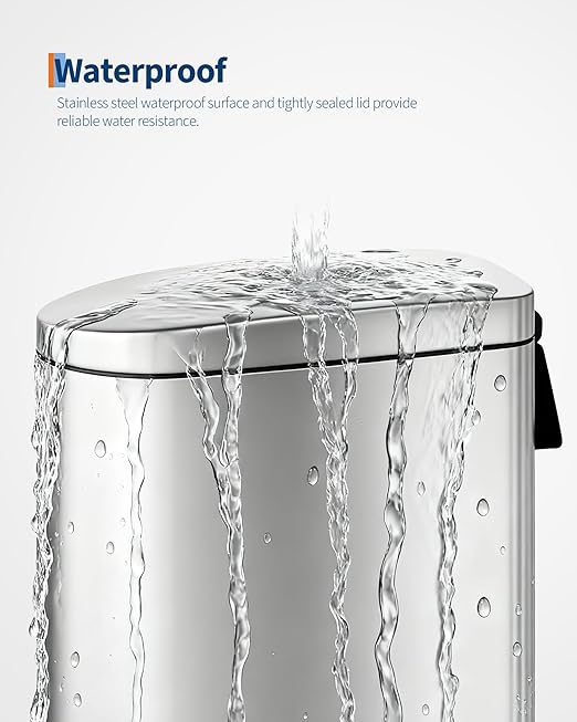Garvee 1.6 gal / 6 L Stainless Steel Bathroom Trash Can with Lid, Slim Waterproof Garbage Can for Bedroom, Small Step-on Metal Trash Bin with Inner Bucket, Rear Handle, Soft Close Lid, Silver
