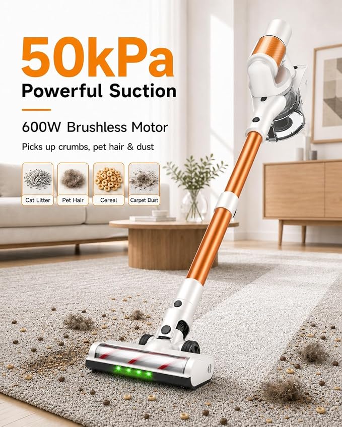 Cordless Vacuum Cleaner, 2 Batteries 110 Mins Runtime, 600W 50KPA Stick Vacuum with Self-Standing, Tangle-Free Brush, LED Display, Vacuum Cleaner for Home Hardwood Floor, Carpet, Pet Hair