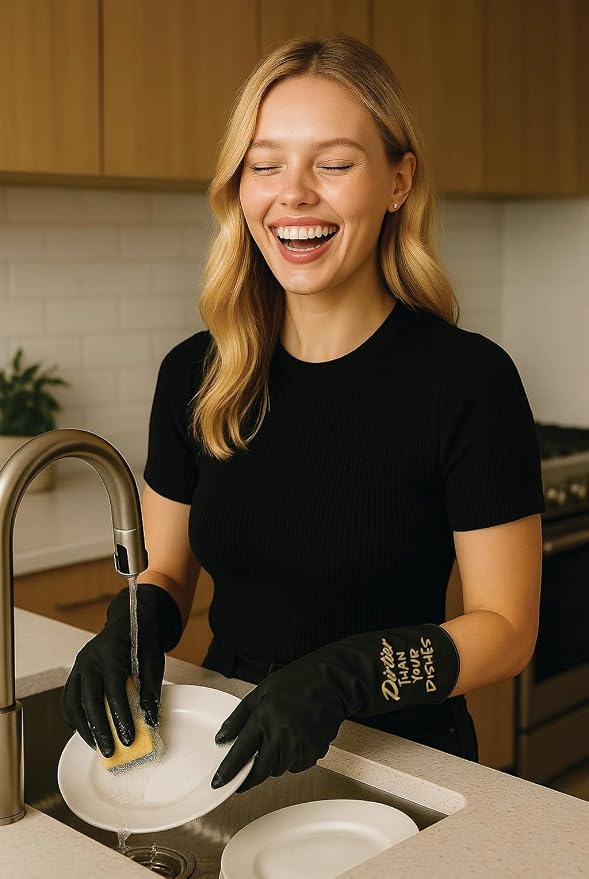 We Glove It™ Chic Black Dishwashing Gloves – Stylish, Reusable & Fun Gift with Flirty Sayings for Kitchen Cleaning