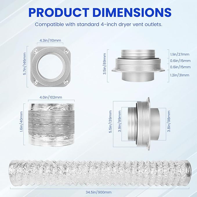 Magnetic Dryer Vent Connector Kit Dryer Vent Hose for Quick Connection and Disconnection Strong Magnet Self-Alignment Airtight Seal for Secure & Efficient Dryer Airflow Universal 3.3ft 4" Duct