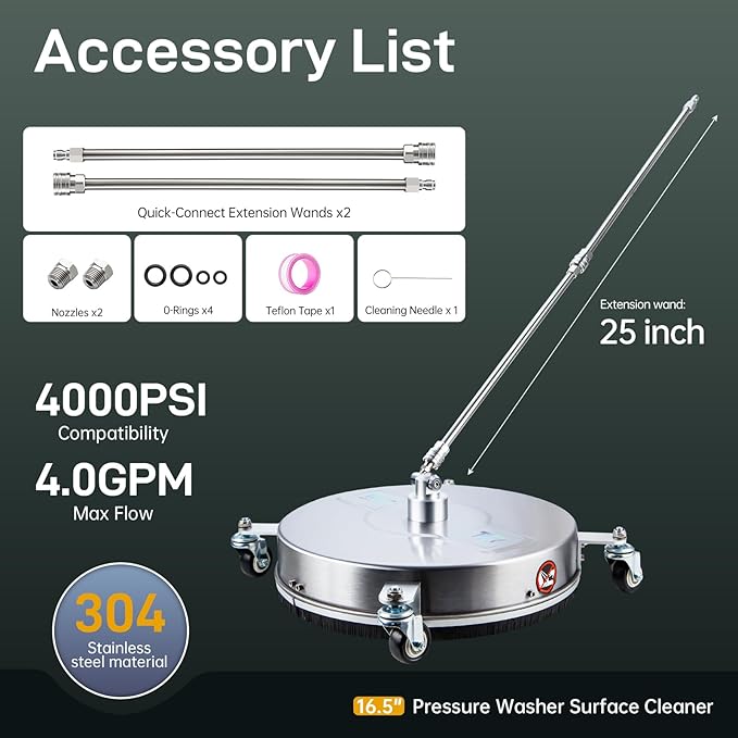 TOR 16.5" Pressure Washer Surface Cleaner with 4 Wheels, Surface Cleaner for Pressure Washer, 2 Extension Wands, 2 Replacement Nozzles, Power Washer Surface Cleaner for Concrete, Driveway