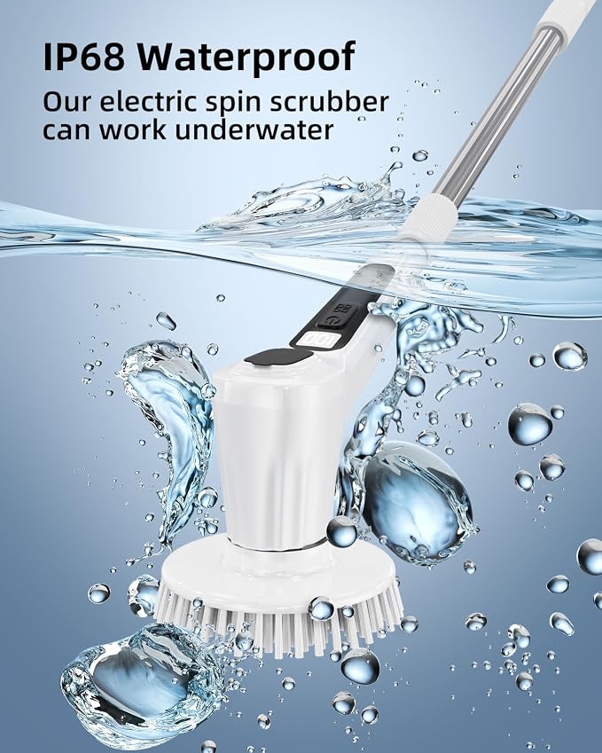 Electric Spin Scrubber,IP68 Professional Waterproof Spin Scrubber，5400mAh Battery Power Spin Scrubber, 51 inch Cordless Household Cleaning Brush with Automatic Water Spray (White)