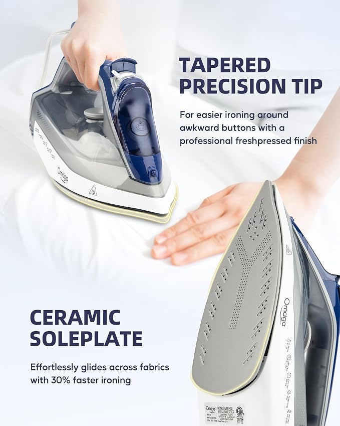 OMAIGA Steam Iron for Clothes, 1750W Clothes Iron with Ceramic Soleplate, Powerful Steam, 3-Way Auto Shut Off, Self-Cleaning & Anti-Calc, Anti-Drip, 13.52oz Water Tank, Grey