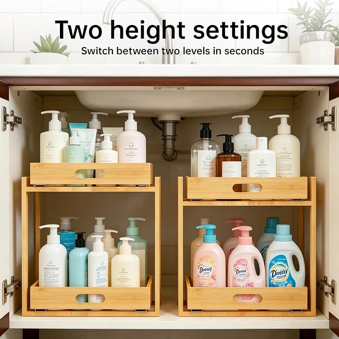 Under Sink Pull Out Organizer - Bamboo Cabinet Organizer 2-Tier with Adjustable Height, Undersink Storage Shelf Slide Out for Kitchen Bathroom Pantry Cabinet
