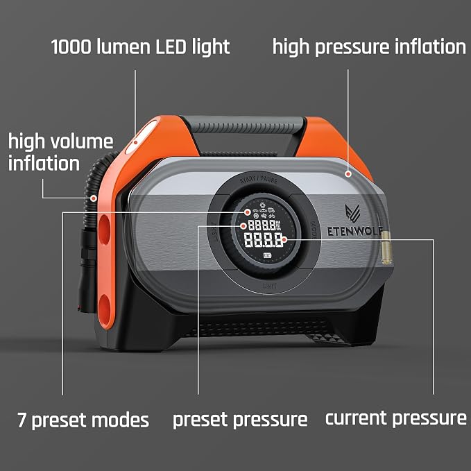 ETENWOLF VORTEX S6 Tire Inflator Portable Air Compressor for Heavy-duty Vehicles, Cordless Air Pump for Car & Inflatables with 19200 mAh Battery, 100% Duty Cycle & Dual Cylinder Bike Pump, Dark Cyan