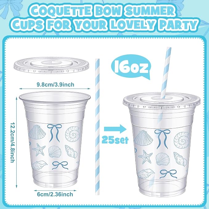 Sliner 25 Pcs 16 oz Coquette Disposable Plastic Cups with Straw for Blue Bow Starfish and Seashell Coast Party Supplies Bow Cups Birthday Wedding Bridal Party Drinkware Baby Shower Decorations