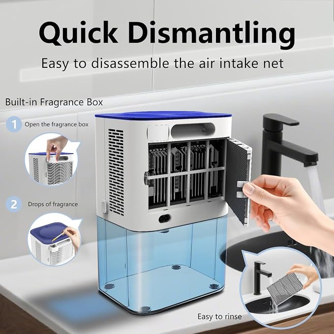 MTOX Dehumidifier, 3L/105oz Water Tank, 1100ml/Day, Dehumidifier for Bathroom Bedroom Basement RV, Quiet 28dB Sleep Mode, Auto Shut-Off, Auto Defrost, 7-Color LED Light, Digital Display (Blue White)