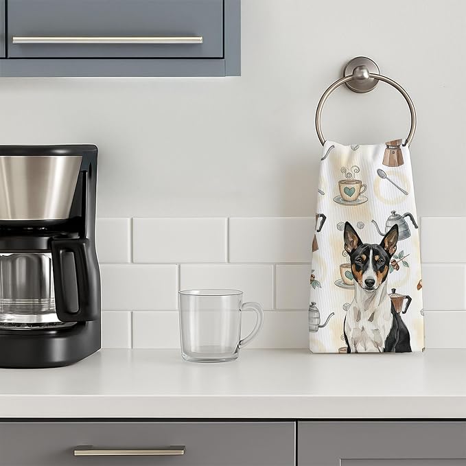 Caroline's Treasures Black and White Basenji Coffee Bar Kitchen Towel Velour Plush Front and Cotton Loop Back Machine Washable