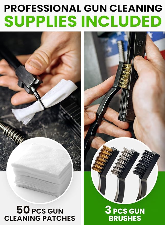 Universal Gun Cleaning Kit for All Guns - Portable Gun Cleaning Kits for Handguns and Rifles, Shotgun, Airsoft - Incl. Stainless Steel Rods, Brass Jags, Gun Cleaning Patches, Cleaning Swabs