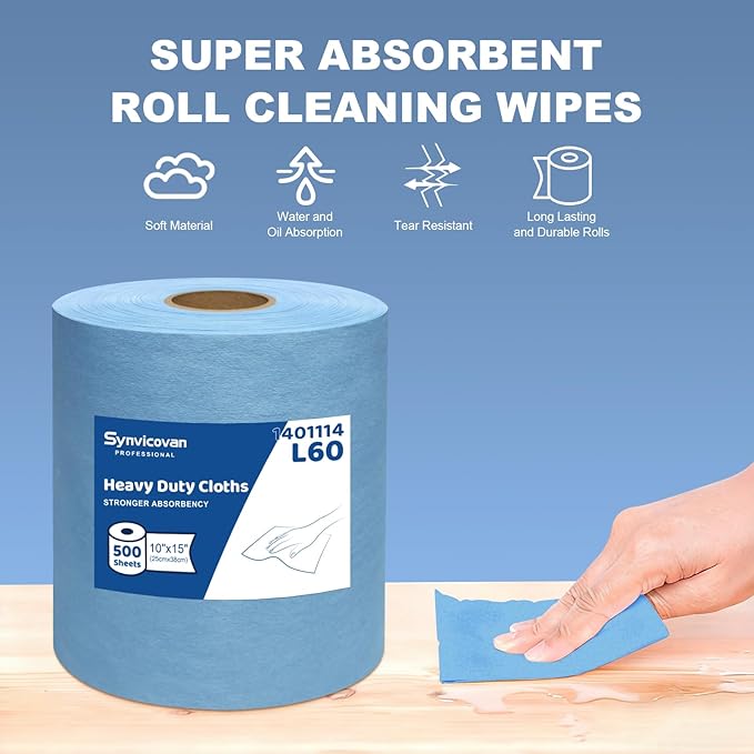 Multi-purpose Industrial Cleanroom Wipes (15"x10", 500 PCS), Lint-Free and Extra Absorbent Heavy Duty Cloths Jumbo Roll, Blue
