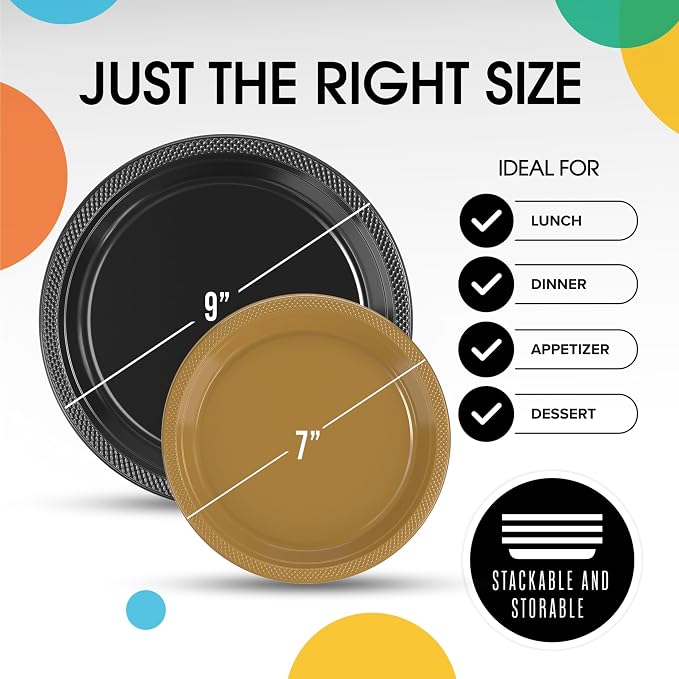 Party Solids Black & Gold Plates Disposable Black & Gold Plastic Plates 100 Pieces - 50-7" & 50-9" Heavy Duty 350 GSM Disposable Dinnerware Sets, Plastic Dinnerware Sets
