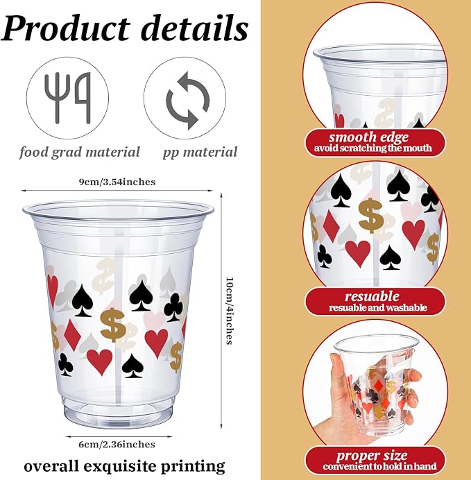 Uiifan 100 Pcs Casino Party Decorations Las Vegas Cups Casino Game Night Party Supplies 12 oz Poker Disposable Plastic Shot Cups for Hot Cold Drinking Office Home Dice Vegas Birthday Favors
