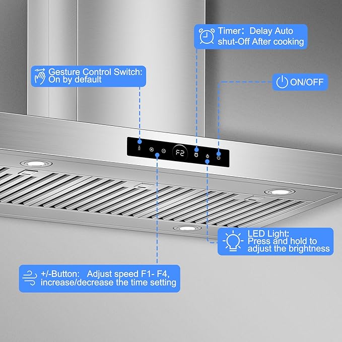 36 inch Island Range Hood Ceiling Mount 1200 CFM with 4-Speed Gesture Sensing & Touch Control, Ducted/Ductless Stainless Steel Kitchen Stove Vent Hoods with 4 LED Lights, Timer,Dishwasher-Safe Filters
