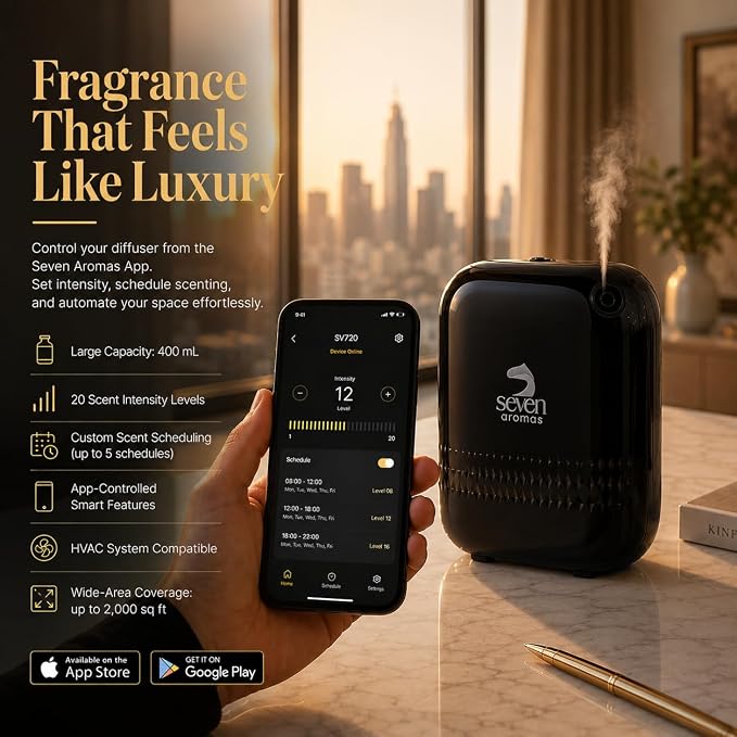 SEVENAROMAS Scent Diffuser SV720 - Bluetooth app, Air Machine for Home & Commercial Use, Covers 2000 sq. ft., Portable Large Room Waterless Diffusers (Black)