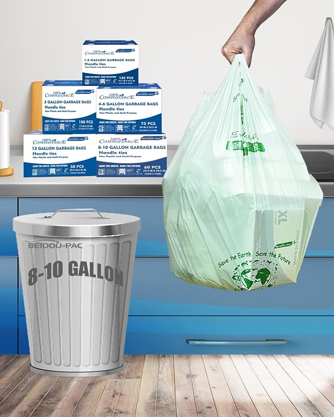 BEIDOU-PAC 8-10 Gallon Compostable Trash Bags, 120 Count, Compost Bags Kitchen Trash Bags with Handle, Sturdy Biodegradable Garbage Bags Food Scrap Waste Bags, ASTM D6400, US BPI Certified