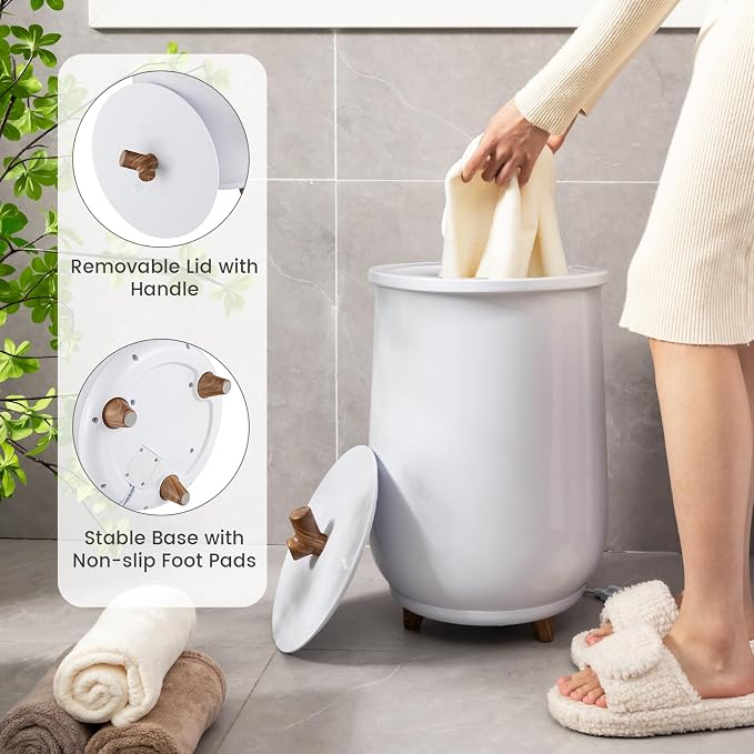 Giantex Towel Warmer Bucket, 23L Large Hot Towel Bucket for Bathroom Spa, Wood Handle, 3 Heating Modes, Adjustable Timer & Auto Shut Off, Fits Up to Two 40" x 70" Oversized Towels, Blankets, White