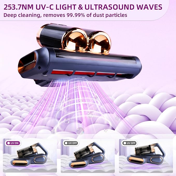 Cordless Mattress Vacuum Cleaner with 253.7nm UV-C Light, Deep Blue | 16Kpa Handheld Bed Vacuum, Ultrasonic, Widened Suction, Low Noise, HEPA Filtration for Mattress Sofa Couch Pet Hair.