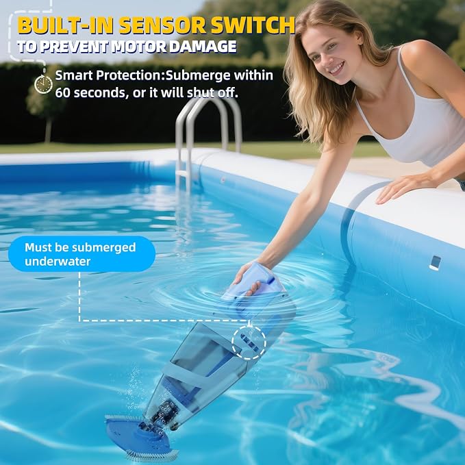 Cordless Pool Vacuum, 1950 GPH Powerful Suction, Handheld Pool Cleaner with Telescopic Pole, 60 Min Runtime, 2L Large Capacity, Rechargeable for Above Ground & Inground Pools, Spas & Hot Tubs