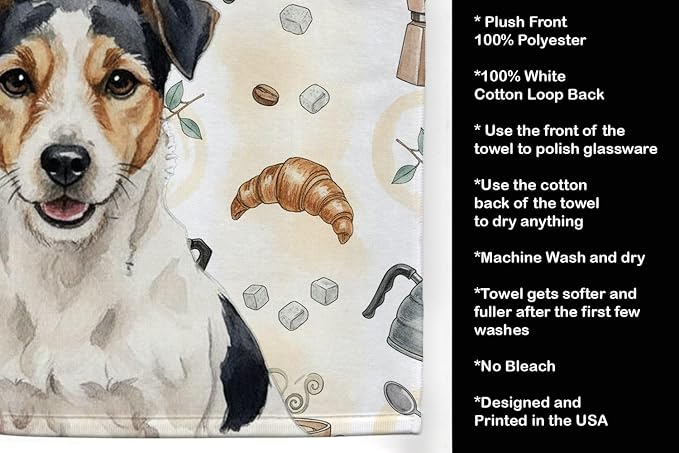 Caroline's Treasures Parson Russell Terrier Coffee Bar Kitchen Towel Velour Plush Front and Cotton Loop Back Machine Washable