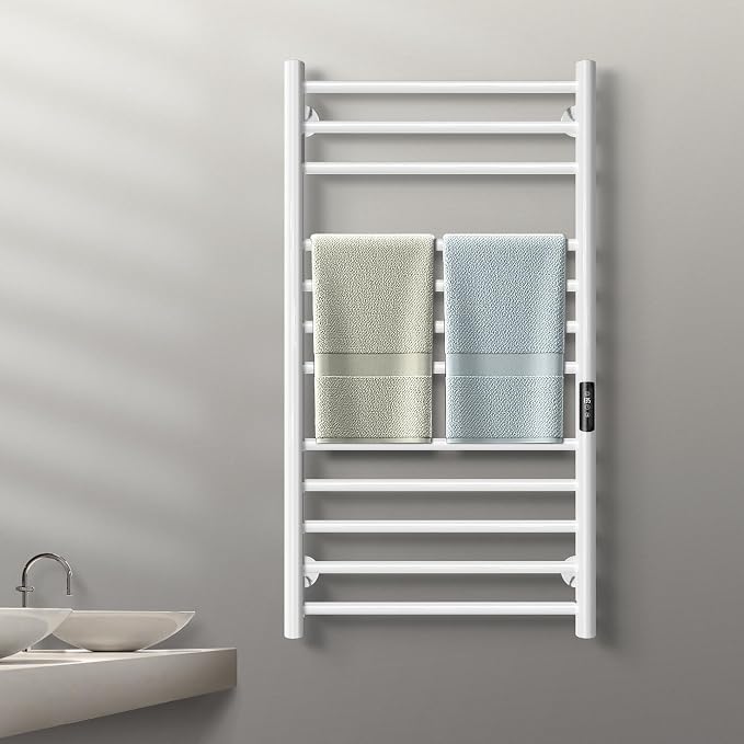 Poloma Wall Mounted Towel Warmer Rack for Bathrooms, Electric Heated Towel Rack Heater, Stainless Steel 12Bars White, CSA Certified.