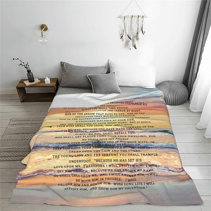 Psalm 91 Blanket Christian Gifts Religious Bible Verse Scripture Throw Blanket Comfy Plush Flannel Fleece Warm Soft Fluffy Fuzzy Blanket for Prayer Women Teens for Bed Sofa Couch 50"X60"